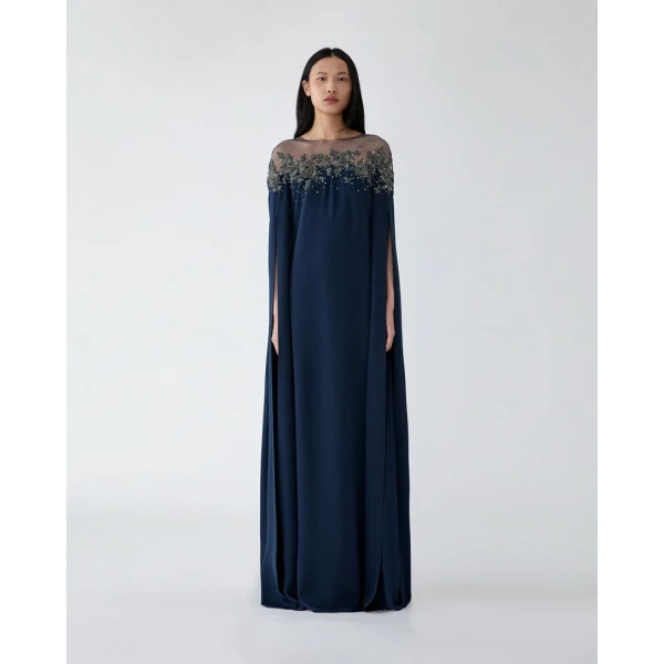Carolina Herrera Floral-Embroidered Caftan in Midnight, view 2