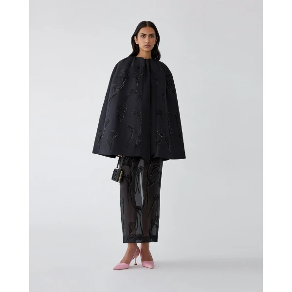 Carolina Herrera Floral-Embroidered Cape in Black, view 2