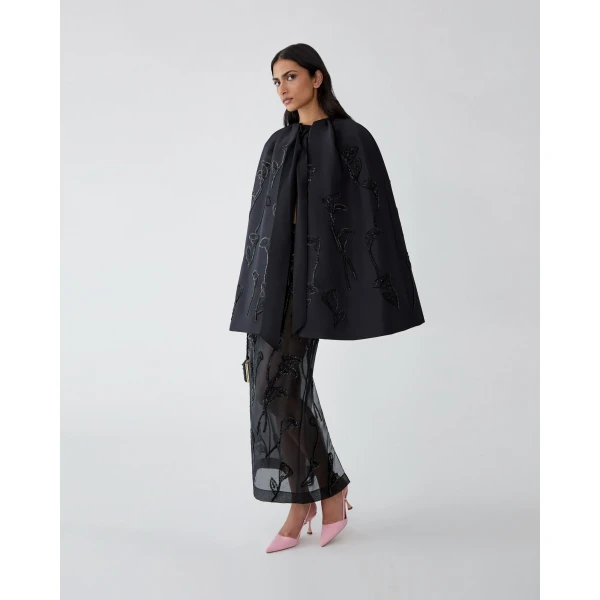 Carolina Herrera Floral-Embroidered Cape in Black, view 4