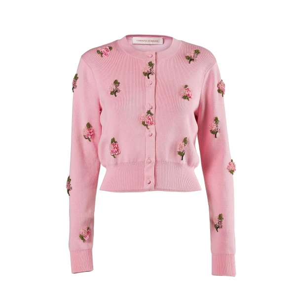 Floral-Embroidered Cardigan in Rosewater