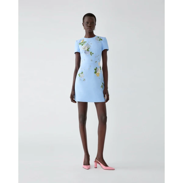 Carolina Herrera Floral-Embroidered Crepe Mini Dress in Cloudy Blue, view 2