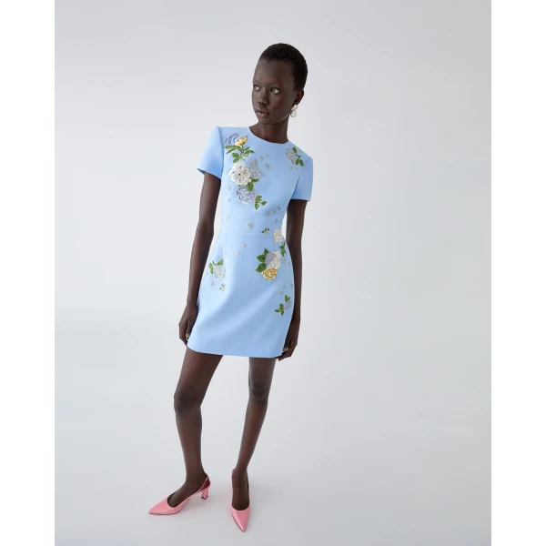 Carolina Herrera Floral-Embroidered Crepe Mini Dress in Cloudy Blue, view 4