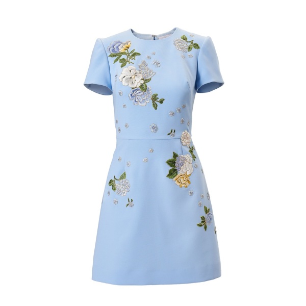 Carolina Herrera Floral-Embroidered Crepe Mini Dress in Cloudy Blue