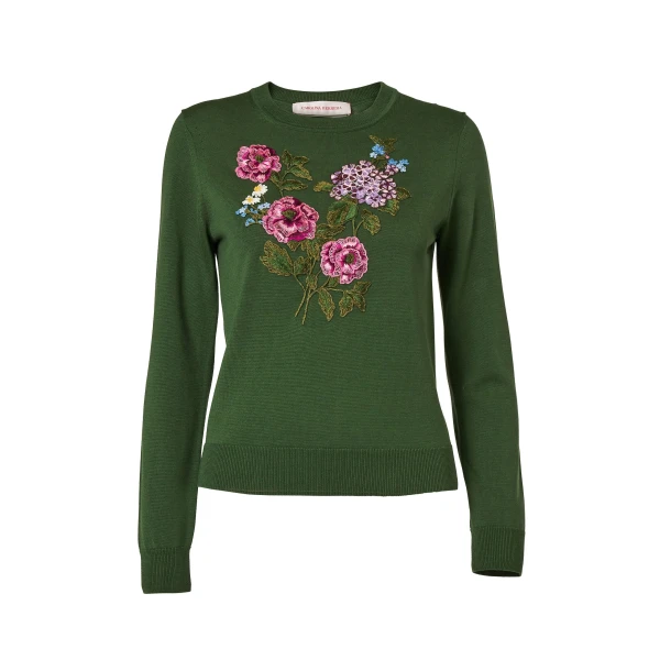 Floral-Embroidered Crewneck Sweater in Racing Green