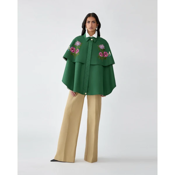 Carolina Herrera Floral-Embroidered Gabardine Cape in Racing Green, view 2