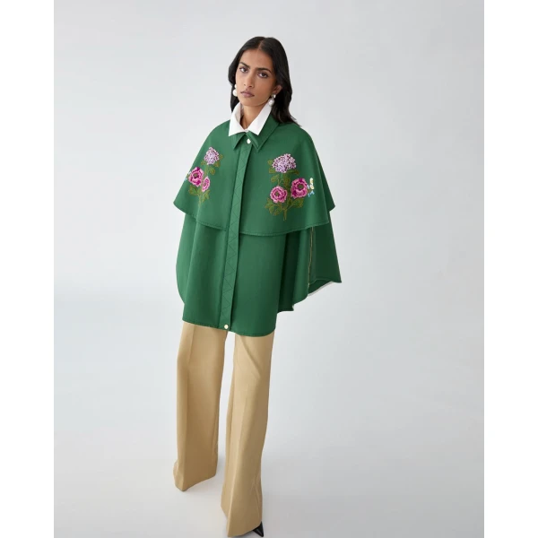 Carolina Herrera Floral-Embroidered Gabardine Cape in Racing Green, view 4