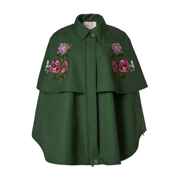 Floral-Embroidered Gabardine Cape in Racing Green