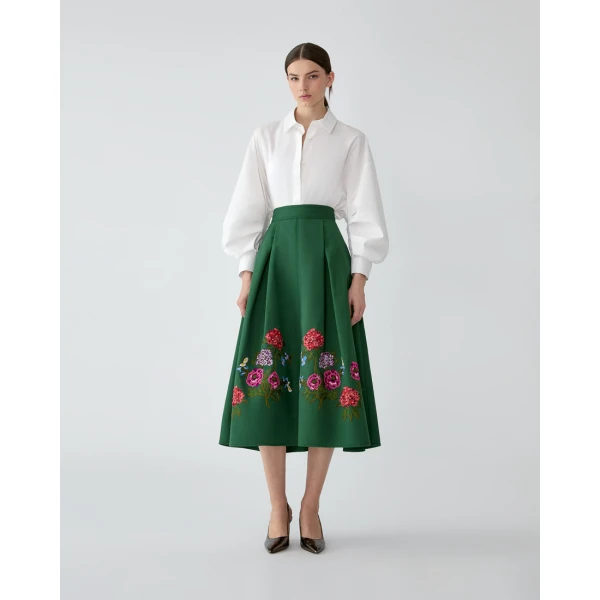 Carolina Herrera Floral-Embroidered Gabardine Midi Skirt in Racing Green, view 2