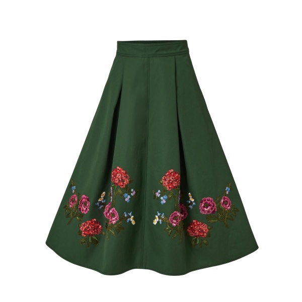 Carolina Herrera Floral-Embroidered Gabardine Midi Skirt in Racing Green
