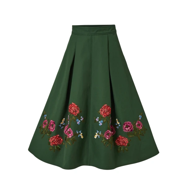Floral-Embroidered Gabardine Midi Skirt in Racing Green