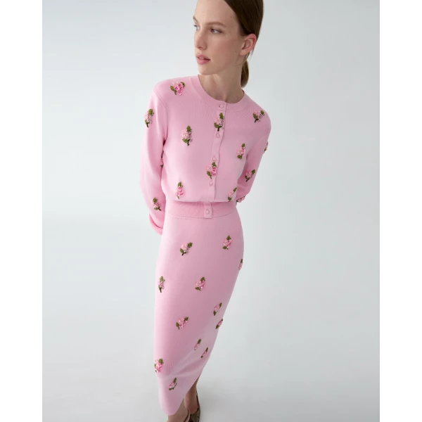 Carolina Herrera Floral-Embroidered Knit Pencil Skirt in Rosewater, view 4