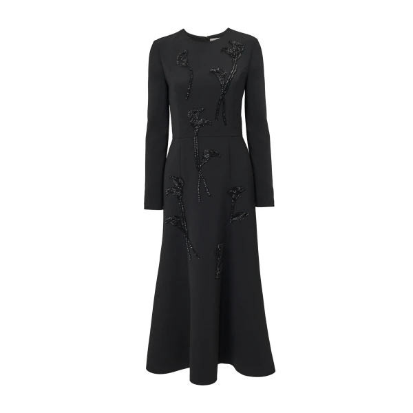 Floral-Embroidered Midi Dress in Black