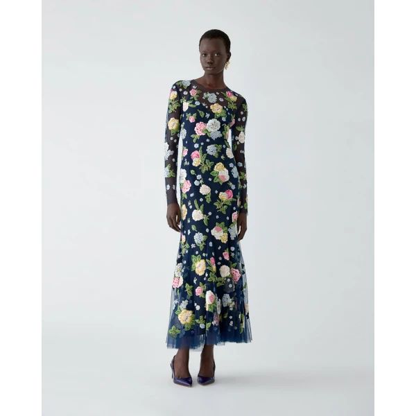 Carolina Herrera Floral-Embroidered Midi Dress in Midnight, view 2