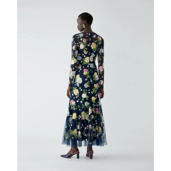 Carolina Herrera Floral-Embroidered Midi Dress in Midnight, view 3