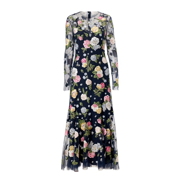 Carolina Herrera Floral-Embroidered Midi Dress in Midnight