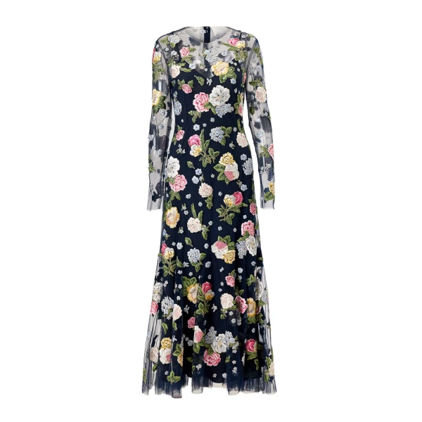 Floral-Embroidered Midi Dress in Midnight
