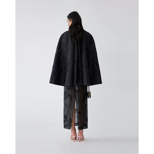 Carolina Herrera Floral-Embroidered Organza Column Skirt in Black, view 3