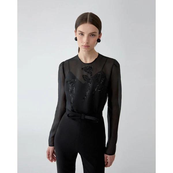 Carolina Herrera Floral-Embroidered Organza Top in Black, view 4