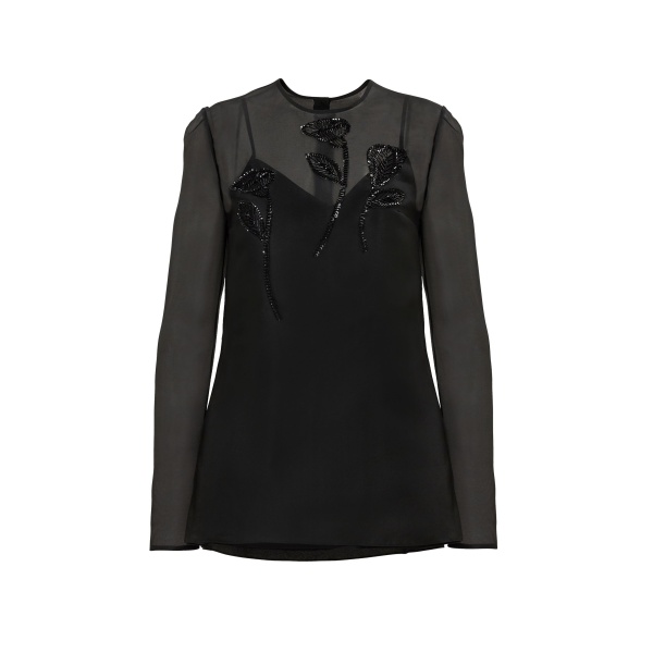 Carolina Herrera Floral-Embroidered Organza Top in Black