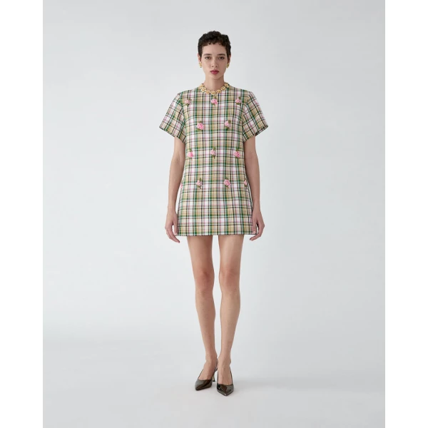 Carolina Herrera Floral-Embroidered Plaid Shift Dress, view 2