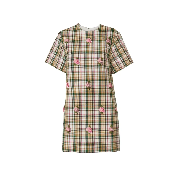 Floral-Embroidered Plaid Shift Dress