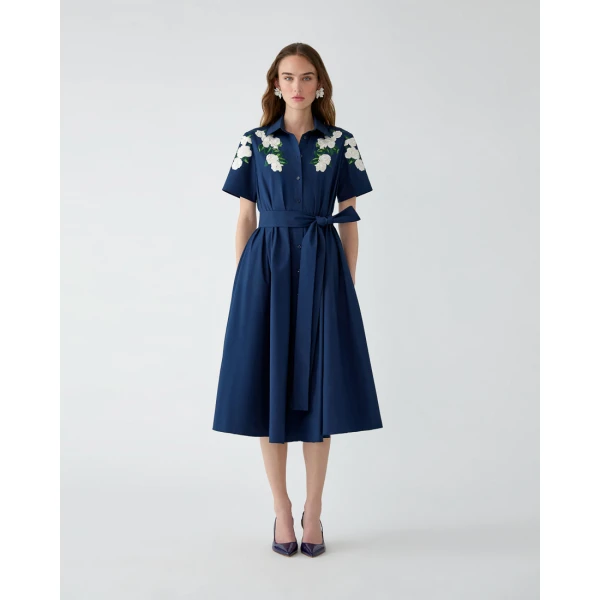 Carolina Herrera Floral-Embroidered Shirt Dress in Midnight, view 2