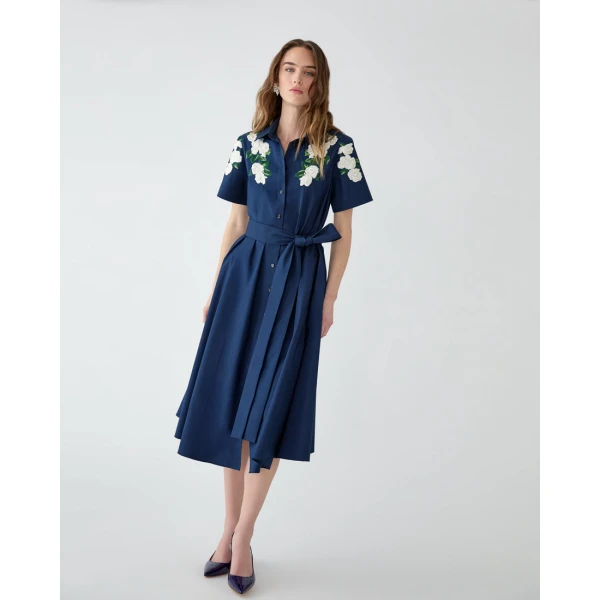 Carolina Herrera Floral-Embroidered Shirt Dress in Midnight, view 4