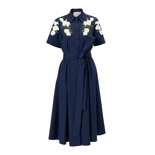 Floral-Embroidered Shirt Dress in Midnight