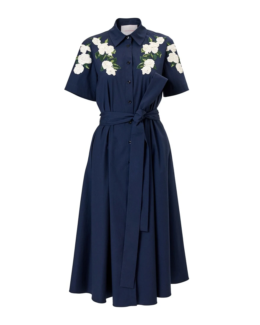 Carolina Herrera Floral-Embroidered Shirt Dress in Midnight | Dresses | Coveti Carolina Herrera Floral-Embroidered Shirt Dress in Midnight