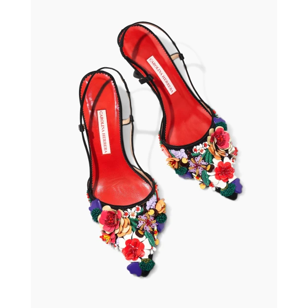 Carolina Herrera Floral-Embroidered Slingback Pumps, view 3
