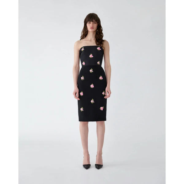 Carolina Herrera Floral-Embroidered Strapless Dress in Black, view 2