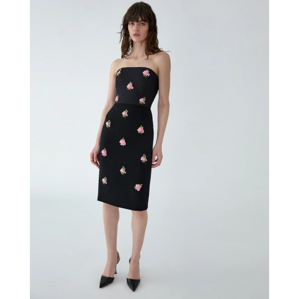 Carolina Herrera Floral-Embroidered Strapless Dress in Black, view 4