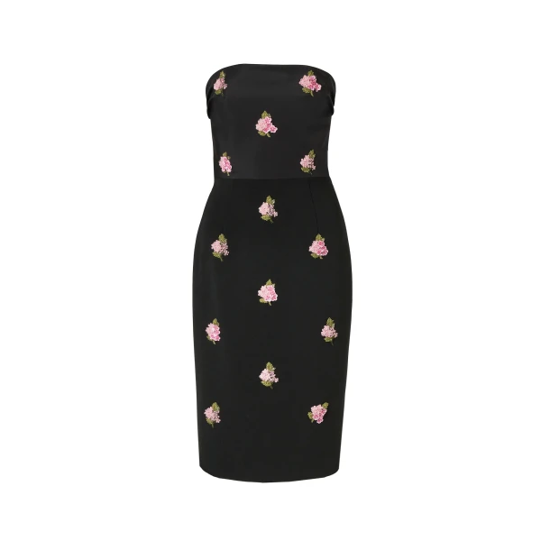 Floral-Embroidered Strapless Dress in Black