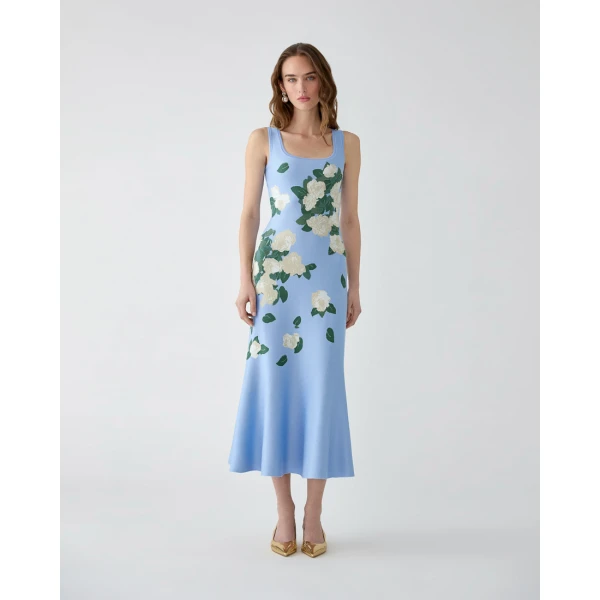 Carolina Herrera Floral Jacquard-Knit Midi Dress in Cloudy Blue Mult, view 2
