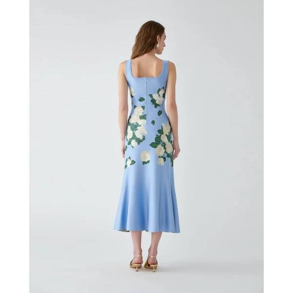Carolina Herrera Floral Jacquard-Knit Midi Dress in Cloudy Blue Mult, view 3
