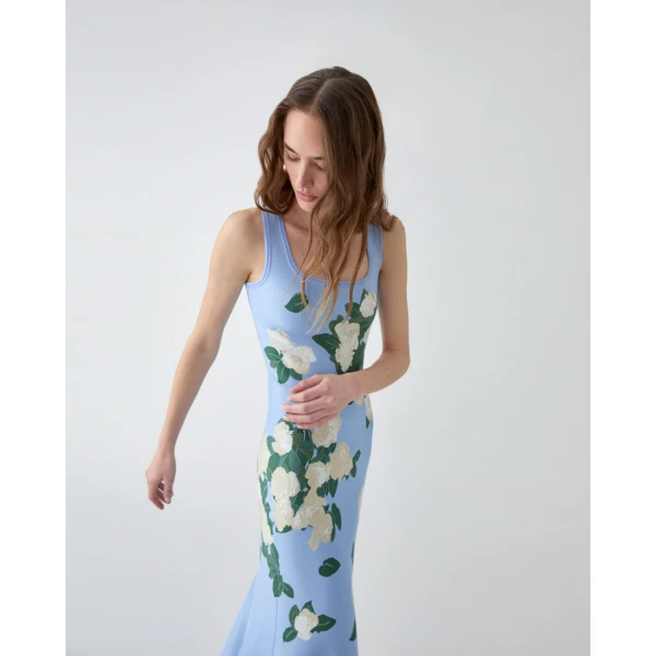 Carolina Herrera Floral Jacquard-Knit Midi Dress in Cloudy Blue Mult, view 4