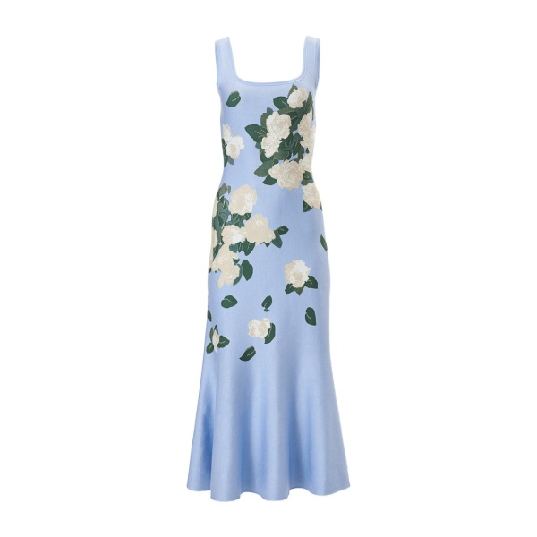 Carolina Herrera Floral Jacquard-Knit Midi Dress in Cloudy Blue Mult