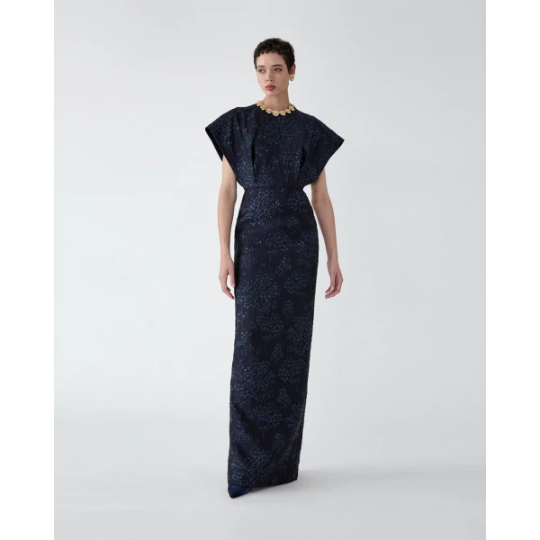Carolina Herrera Floral Lurex Jacquard Fan Bodice Gown in Midnight, view 2