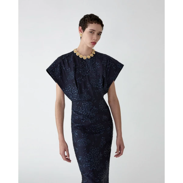 Carolina Herrera Floral Lurex Jacquard Fan Bodice Gown in Midnight, view 4