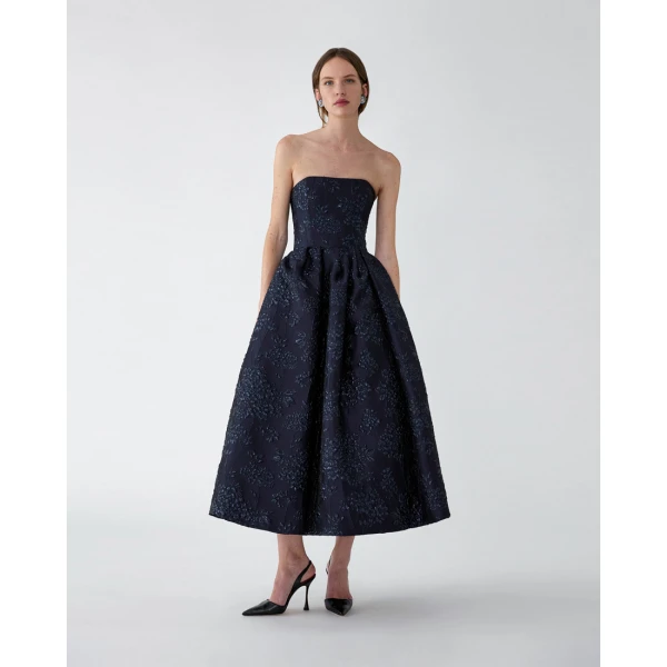 Carolina Herrera Floral Lurex Jacquard Strapless Dress in Midnight, view 2