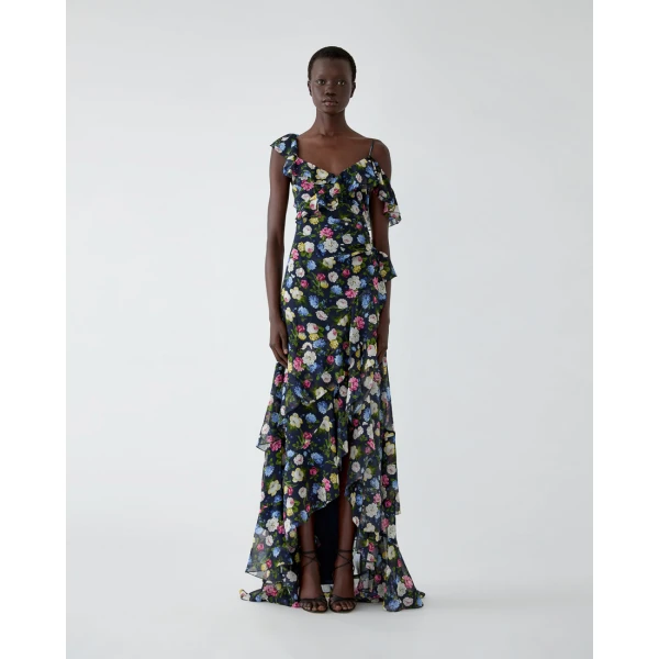 Carolina Herrera Floral-Print Chiffon One-Shoulder Gown, view 2