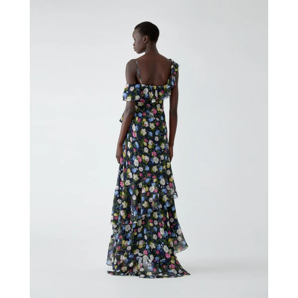 Carolina Herrera Floral-Print Chiffon One-Shoulder Gown, view 3