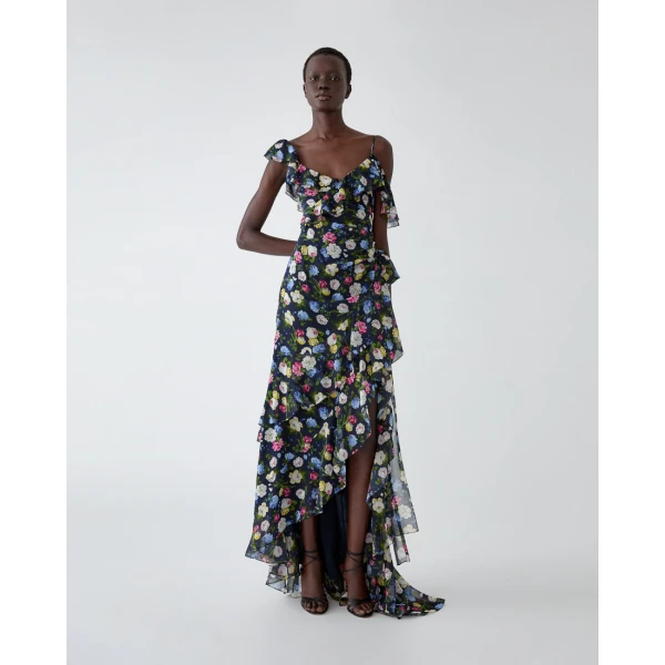 Carolina Herrera Floral-Print Chiffon One-Shoulder Gown, view 4