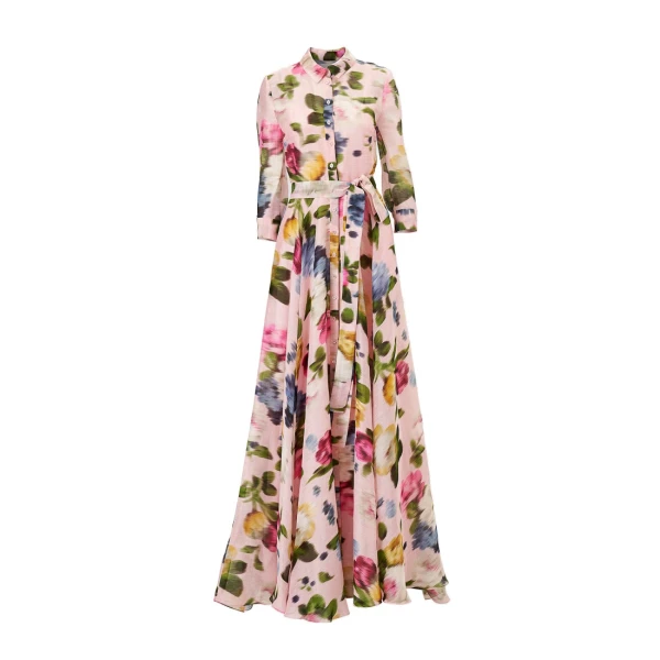 Floral-Print Trench Gown