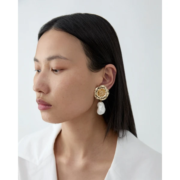 Carolina Herrera Gold Flower and Pearl Earrings, view 2
