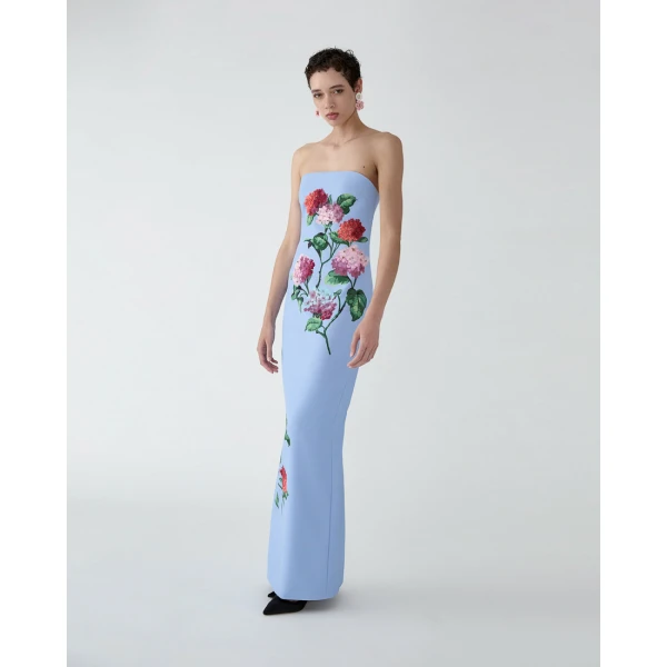 Carolina Herrera Hydrangea-Embroidered Column Gown in Cloudy Blue Mult, view 4