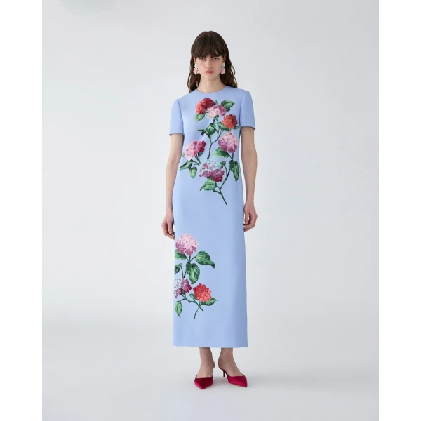 Carolina Herrera Hydrangea-Embroidered Midi Dress in Cloudy Blue Mult, view 2