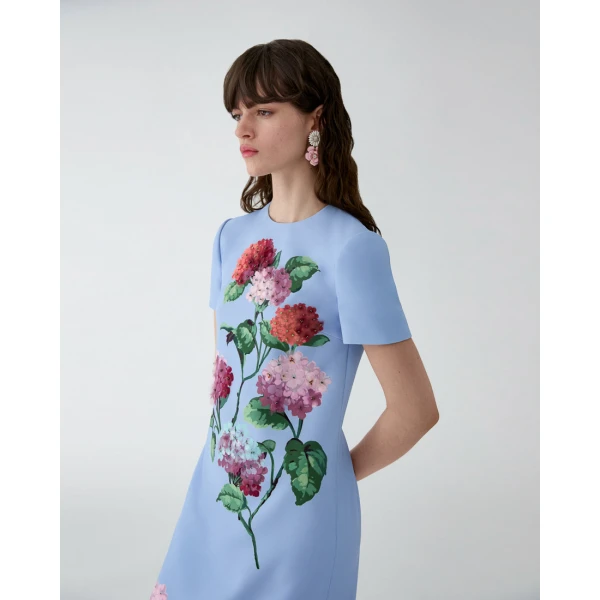 Carolina Herrera Hydrangea-Embroidered Midi Dress in Cloudy Blue Mult, view 4