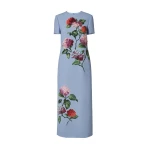Carolina Herrera Hydrangea-Embroidered Midi Dress in Cloudy Blue Mult