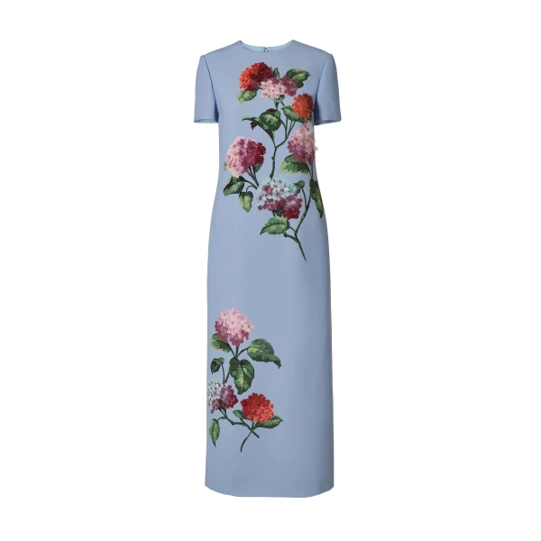Carolina Herrera Hydrangea-Embroidered Midi Dress in Cloudy Blue Mult